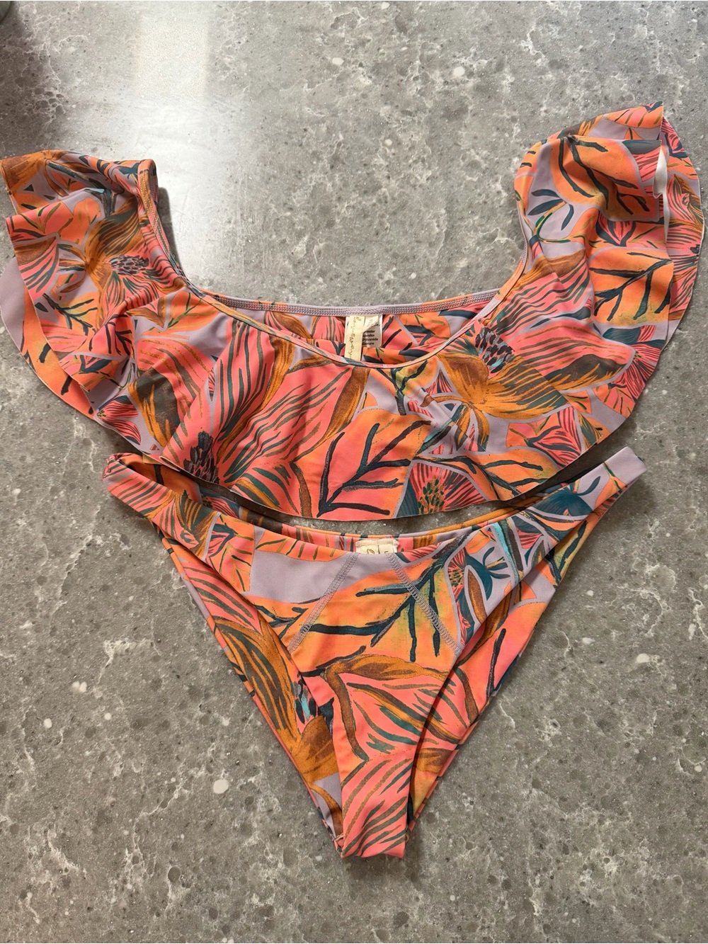 Lovewave Tropical Ruffle Bikini Set - Coral & Peach Leaf Print